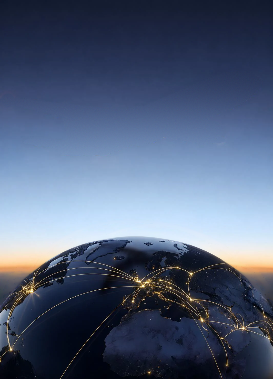 A business jet flying over the globe at dawn