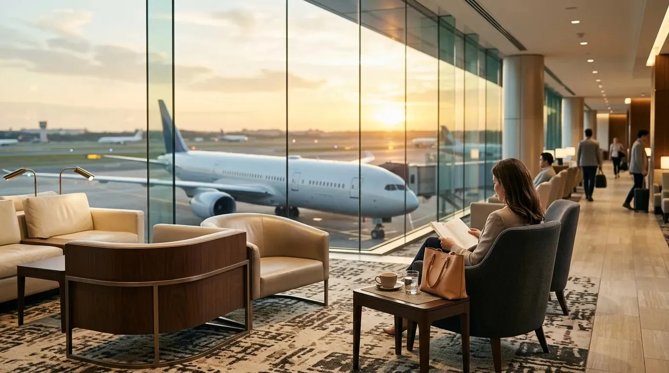 Elegant airport lounge and wide-body aircraft illustrating the best first class flight experience