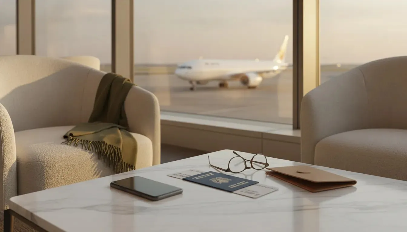 Business class consolidator concept shown through a premium airport lounge booking scene