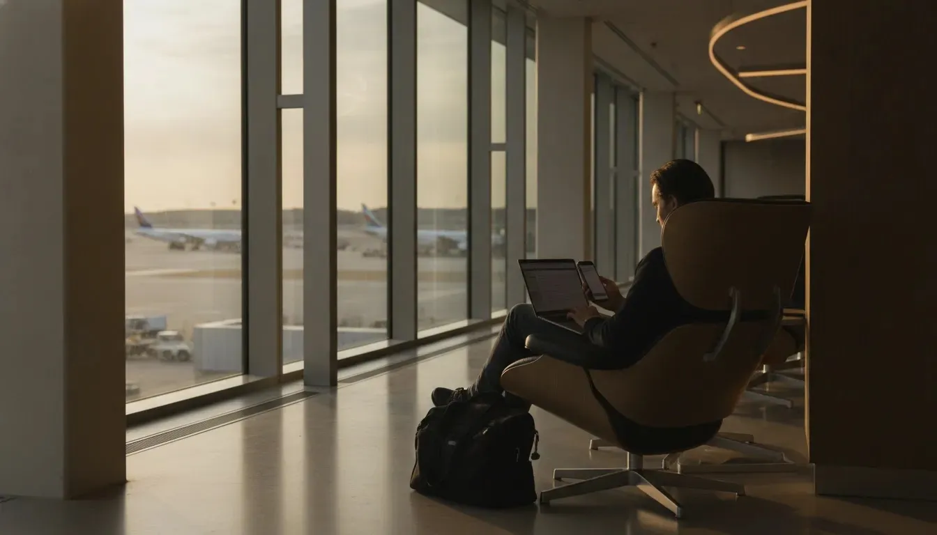 Business class flight offers hero image showing a premium airport lounge and traveler comparing itineraries