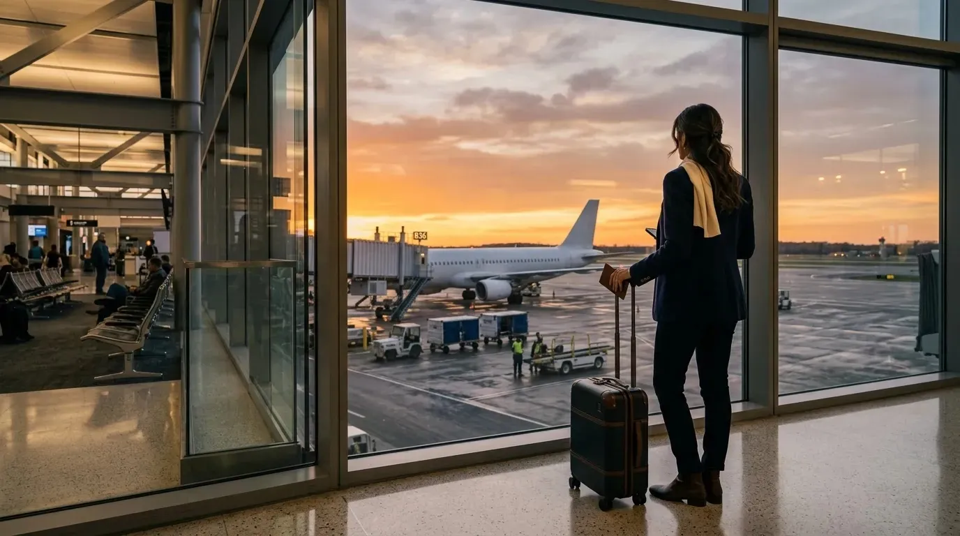 Delta first class price guide illustrated by a premium airport departure scene at golden hour