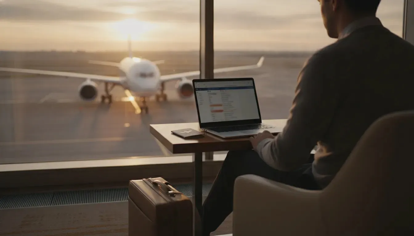 Traveler comparing emirates flight deals in a premium airport lounge before booking