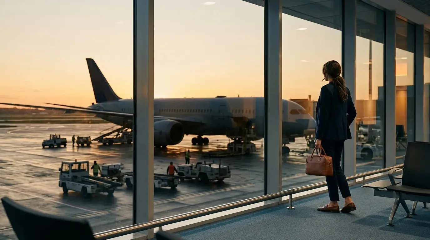 LOT business class travel connection through Warsaw airport at golden hour