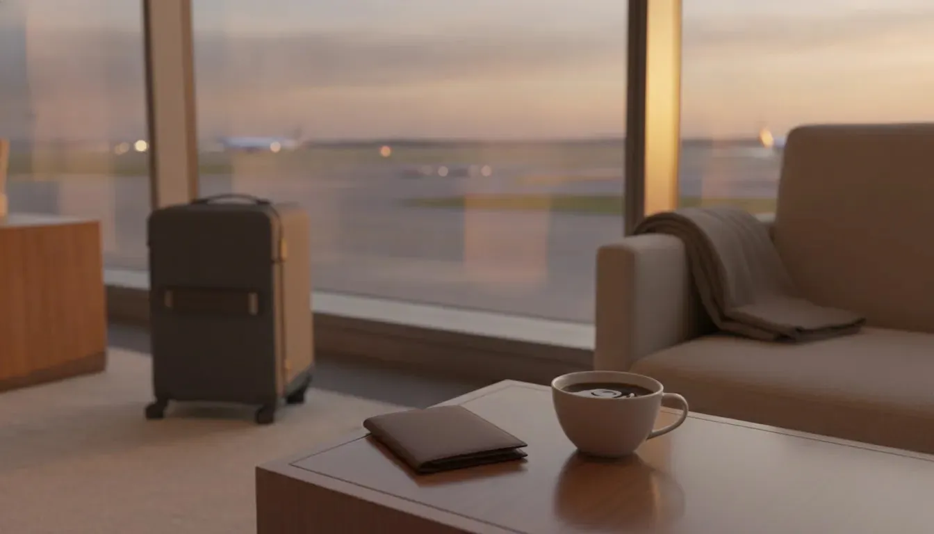 Most affordable flight bundles for business class shown through a premium airport lounge travel planning scene