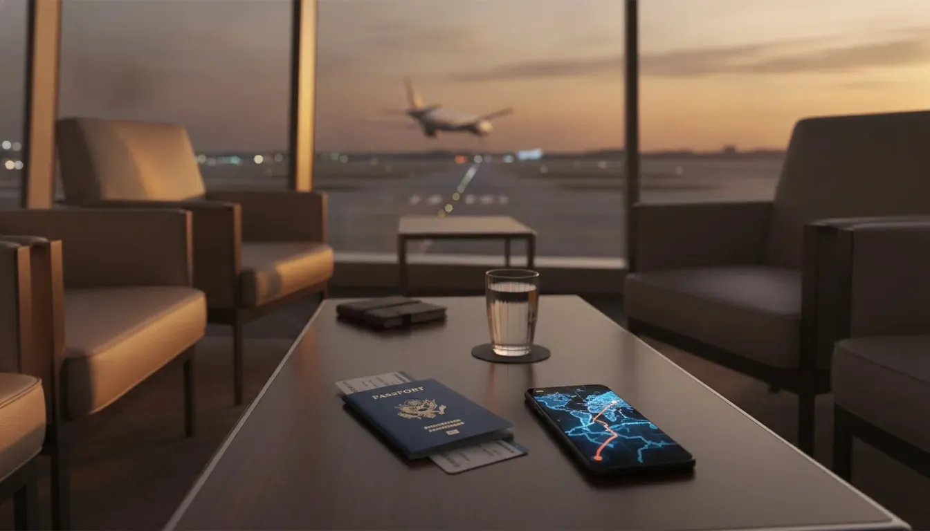 Round the world business class tickets planning scene in a premium airport lounge