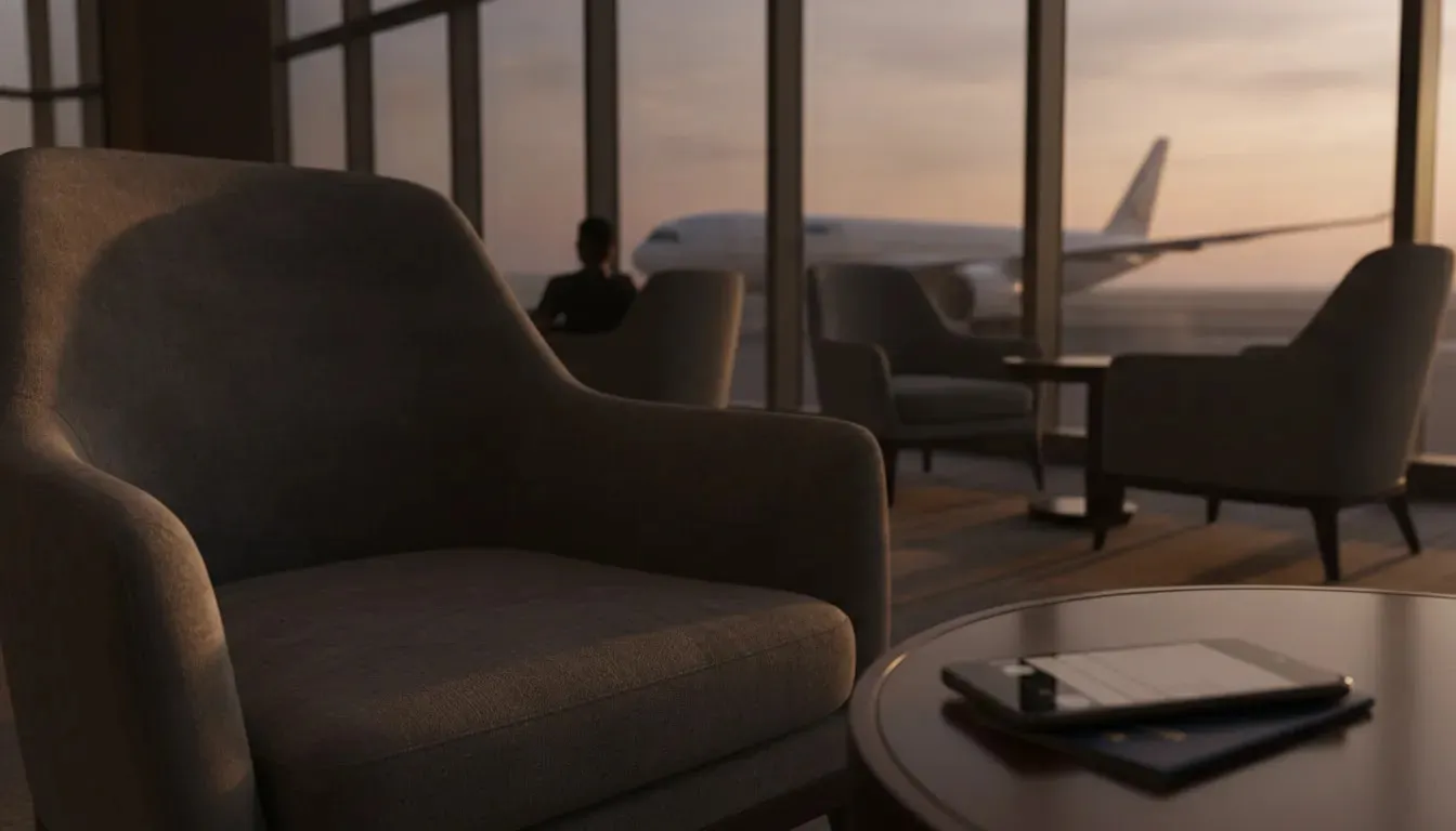 SkyLux Travel review hero image showing a premium airport lounge and aircraft view for business class booking evaluation