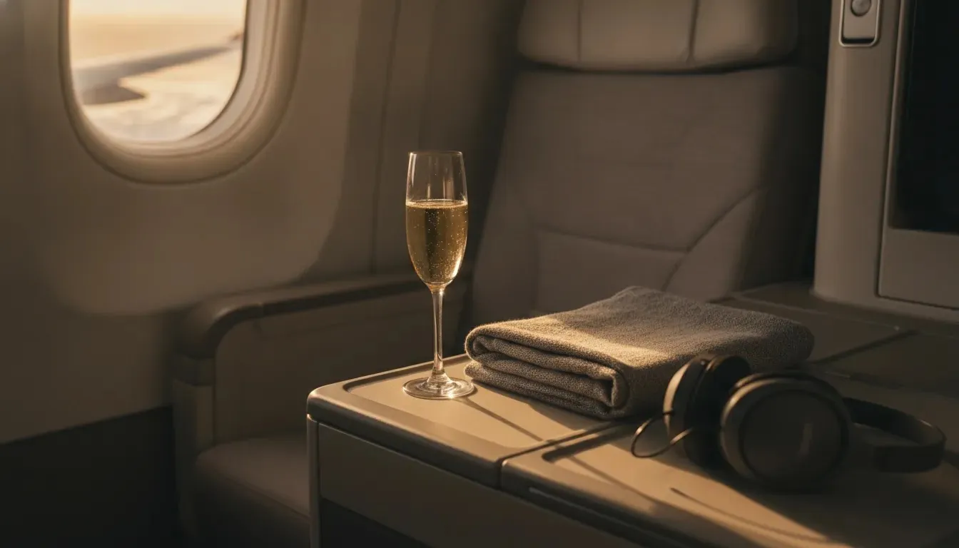 Unsold business class tickets hero image showing premium cabin detail with window light and tray table
