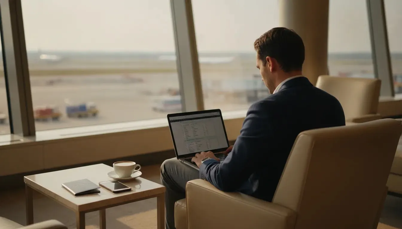 Wholesale business class tickets concept shown through a premium airport lounge booking scene
